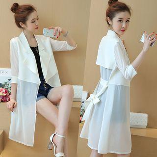Elbow-sleeve Chiffon Trench Coat With Sash