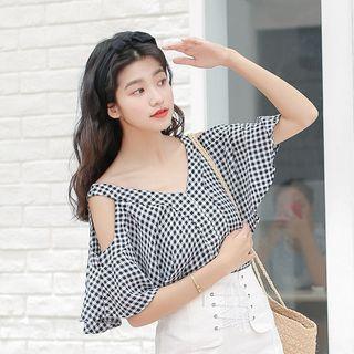 Plaid Cut Out Shoulder Elbow Sleeve T-shirt