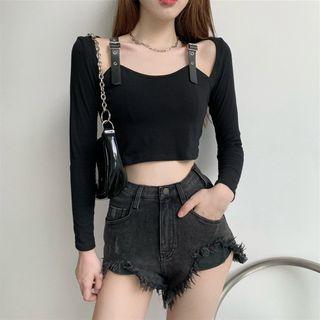 Cold-shoulder Long-sleeve Cropped Top As Shown In Figure - One Size