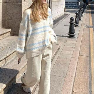 V-neck Striped Sweater / Corduroy Wide Leg Pants