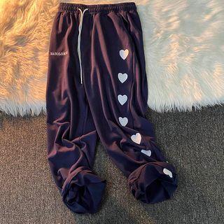 Heart Embroidered Drawstring-cuff Straight-leg Pants