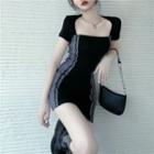 Square-neck Two-tone Mini Bodycon Dress Black & Gray - One Size