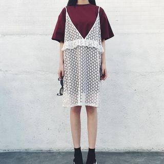 Set: Plain Loose-fit T-shirt + Lace Slipdress