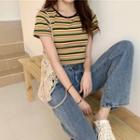 Striped Short-sleeve Cropped Knit Top Stripe - Multicolor - One Size
