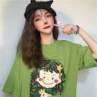 Elbow-sleeve Face Graphic T-shirt Green - One Size