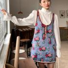 Mock-neck Blouse / Flower Print Mini Knit Overall Dress