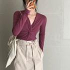 Long-sleeve Crinkled Knit Top Purple - One Size