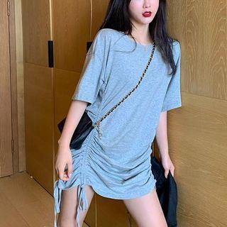Short-sleeve Drawstring Side Plain T-shirt Dress Gray - One Size