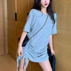 Short-sleeve Drawstring Side Plain T-shirt Dress Gray - One Size