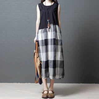 Sleeveless Gingham Paneled A-line Midi Dress