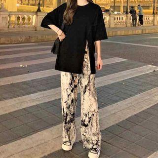 Elbow-sleeve Side-slit T-shirt / Tie-dye Wide-leg Pants