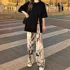 Elbow-sleeve Side-slit T-shirt / Tie-dye Wide-leg Pants