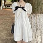 Bow Puff-sleeve Dress White - One Size
