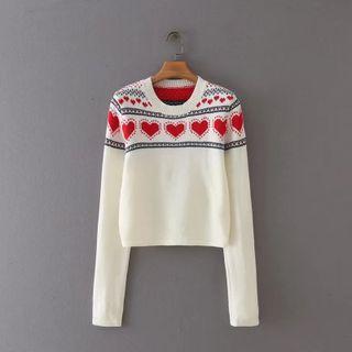 Heart Jacquard Sweater Red Heart - Beige - One Size