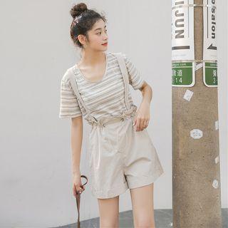 Set: Short-sleeve Striped T-shirt + Wide-leg Suspender Shorts