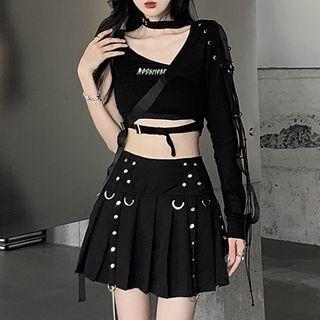 Long-sleeve Crop Top / Camisole Top / Embellished Pleated Mini A-line Skirt / Set
