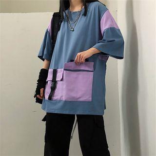 Color Panel Elbow-sleeve T-shirt Blue - One Size