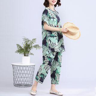 Set: Short-sleeve Leaf Print Top + Harem Pants