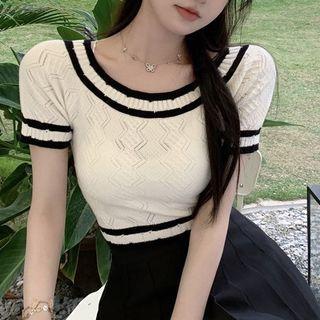 Short-sleeve Contrast Trim Pointelle Knit Top White - One Size
