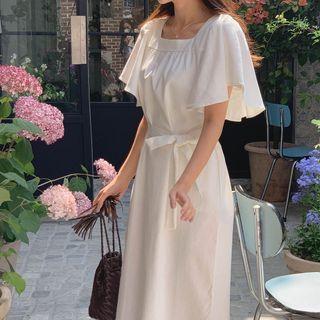 Flutter-sleeve Long Dress With Sash