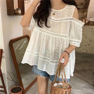 Lace Patchwork Slit-shoulder Top As Shown In Figure - One Size