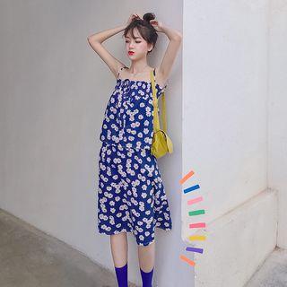 Set: Floral Camisole Top + High Waist A-line Skirt Set - Dark Blue - One Size