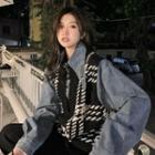 Long-sleeve Knit Panel Denim Loose-fit Shirt Black & Blue - One Size