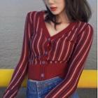 Striped Cropped Cardigan Red - One Size