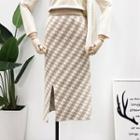 High-waist Argyle Knit Midi Skirt