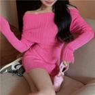 Long-sleeve Plain Off-shoulder Mini Dress Pink - One Size