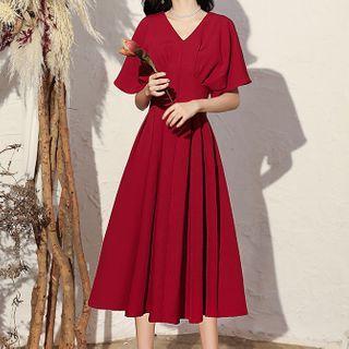 Short-sleeve Midi A-line Evening Gown