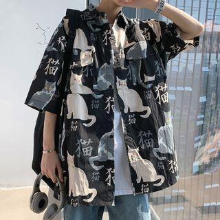 Pocket Front Cat Print Short Sleeve Shirt