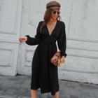 Long-sleeve V-neck Ruched Plain A-line Dress