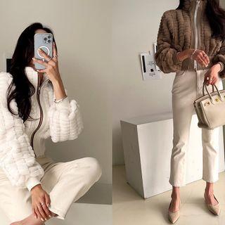 Embossed Cropped Faux-fur Jacket