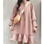 Check Long-sleeve Tie-neck Dress