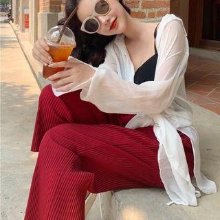 Plain Light Cardigan / Plain Camisole / High-waist Plain Pants
