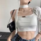 Asymmetrical Puff-sleeve Ribbed Crop T-shirt White - One Size