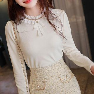Velvet-frilled Metallic-trim Top