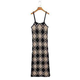 Spaghetti Strap Argyle Knit Dress Beige & Black - One Size