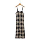 Spaghetti Strap Argyle Knit Dress Beige & Black - One Size