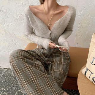 Long-sleeve Plain Blazer / V-neck Knit Cardigan / Plaid Pants