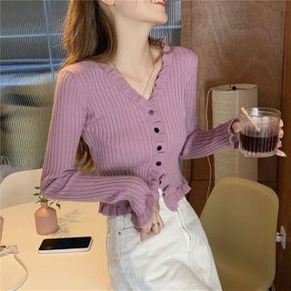 Cropped V-neck Wood Ear Trim Knit Top