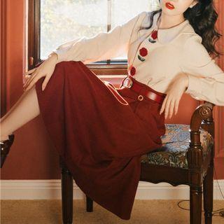 Set: Flower Accent Blouse + Midi A-line Skirt