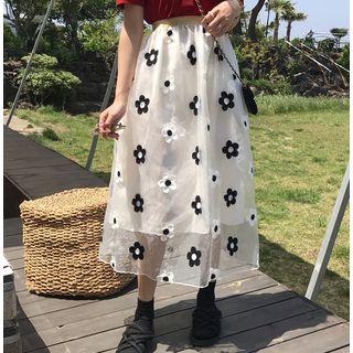 Floral Mesh Midi A-line Skirt As Shown In Figure - One Size