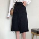 Fray Hem Asymmetrical Denim Midi A-line Skirt
