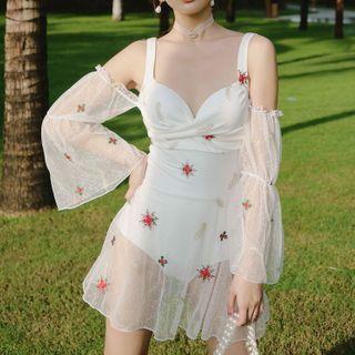 Long-sleeve Cold Shoulder Open-back Mesh Swimdress