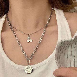 Cherry & Flower Pendant Layered Necklace Silver - One Size