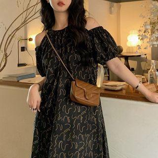 Cold-shoulder Patterned Midi Smock Dress