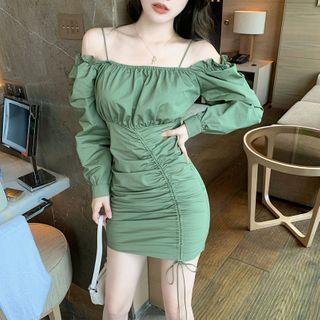 Long-sleeve Off-shoulder Drawstring Shirred Dress