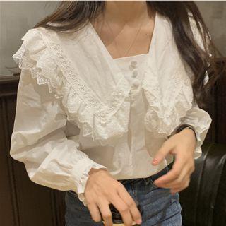 Long-sleeve Lace Ruffle Blouse White - One Size